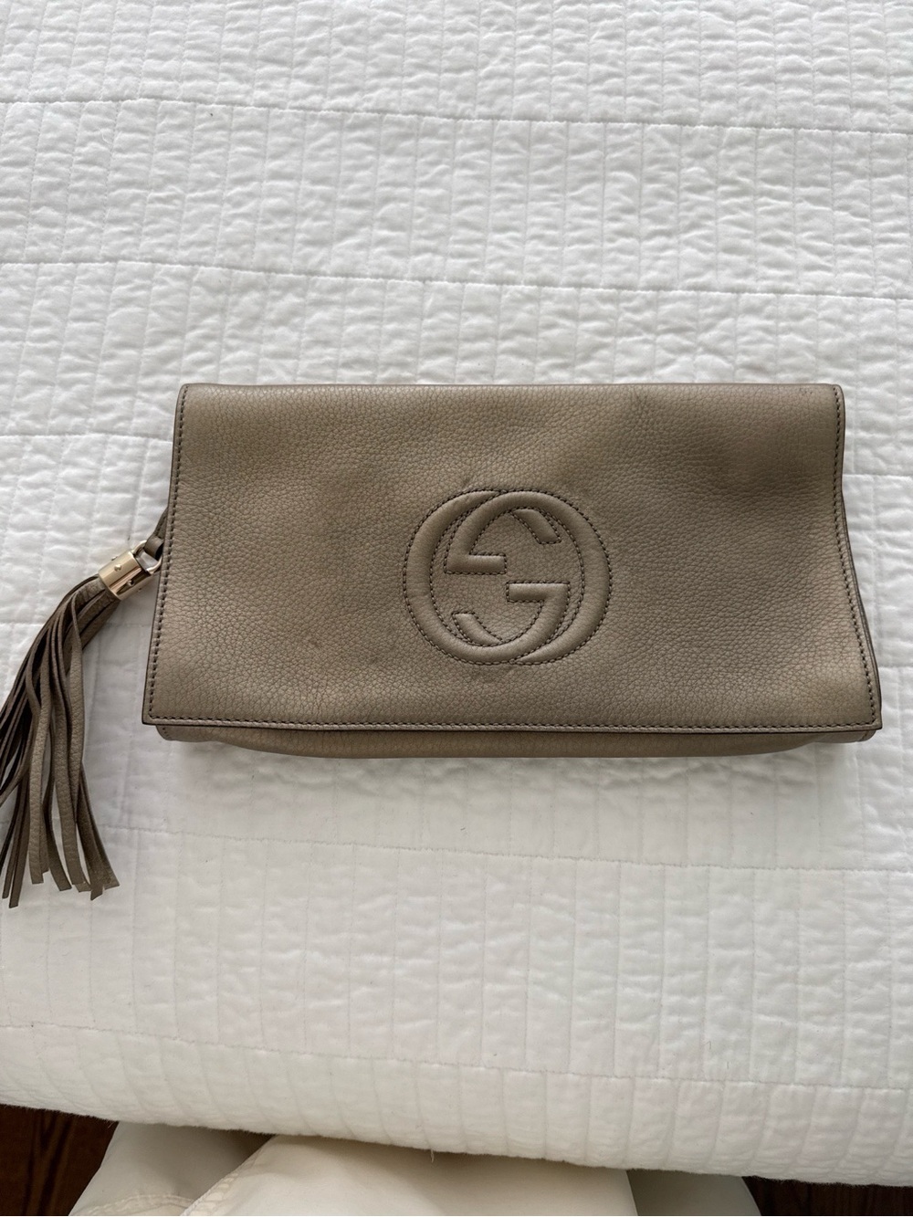 Gucci Taupe Leather Soho Clutch with Tassel Detail